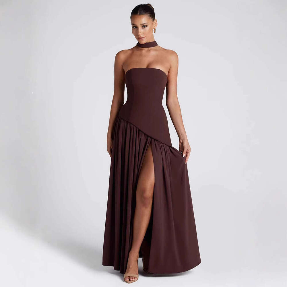 Design Sense Hot Style European and American Source Age-Reducing Mature Sister Color-Block High-End Strapless Split Temperament Zipper Tie Dress 2025 