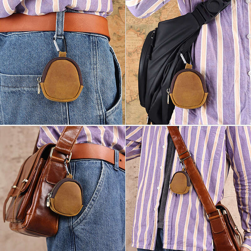 Genuine Leather Mini Coin Purse First Layer Cowhide Zipper Shell Data Cable Bluetooth Earphone Storage Bag for Men