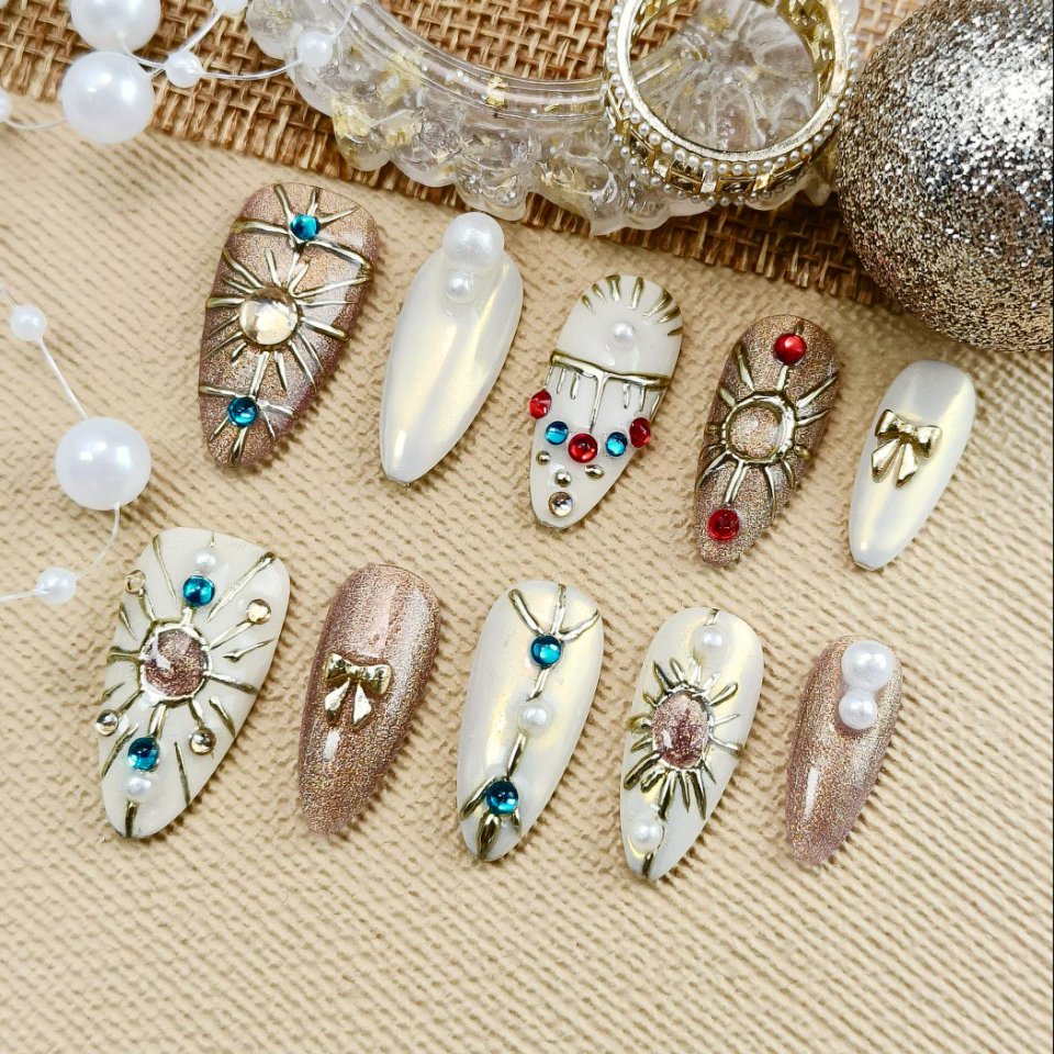 10pcs 3D Hand drawn Handmade Press-on nails Medium Almond Nails Bundle Star Moon Style 3D Sun Bow Diamond Finished nail stickers Free storage box jell