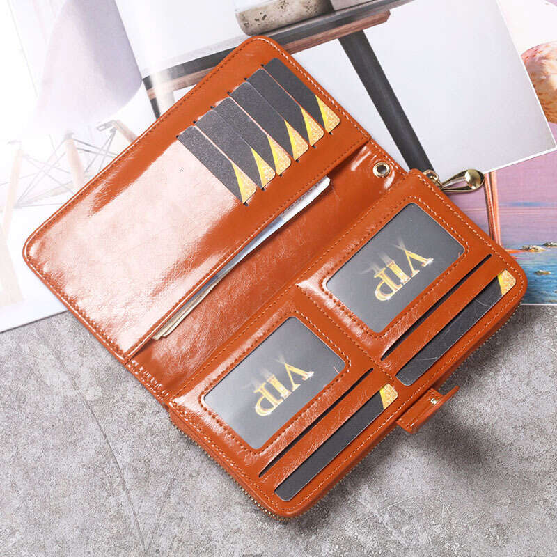 2020 Hot Selling Wax Wallet Oil Leather Phone Bag Long Zipper Coin Purse Women's Card Holder Large Cash