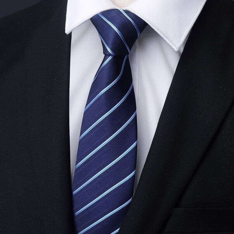 Men's Business Formal Zipper Tie - Blue Striped Thinnest Black Groom Wedding Accessory