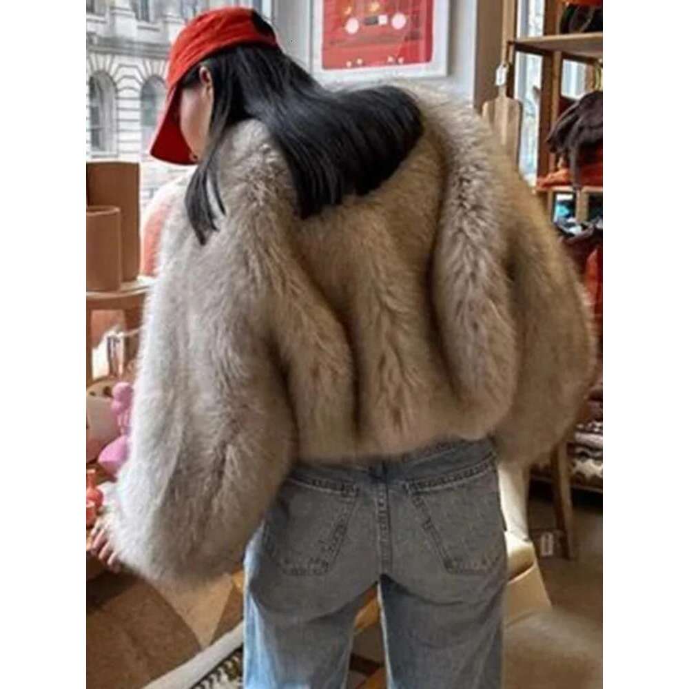 Aoaiiys Faux Fur Jacket Women Autumn Winter Cropped Elegant O-Neck Long Sleeve Soft Shaggy Coats Thicken Warm Outerwear