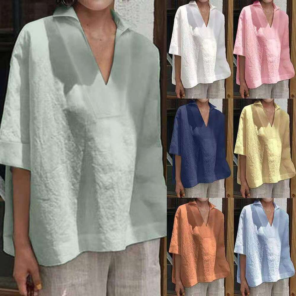 Spring Summer V-Neck Cotton Linen Versatile Solid Color Plus Size Loose Mid-Sleeve Women's Shirt B5