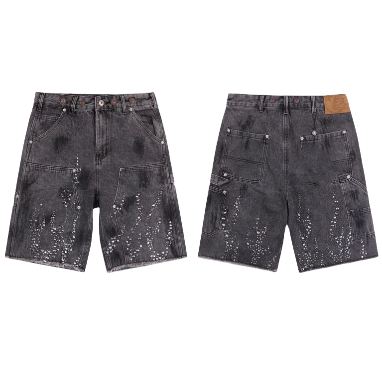 Men's Shorts Y2K Retro Black Denim Shorts Men Women Harajuku Fashion Rhinestone Rivet Loose Short Pants Gothic Fashion Raw Edge Washed Shorts