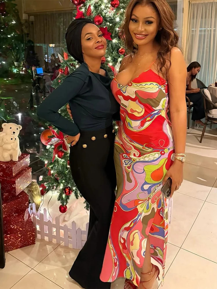 kliou Holiday Colorful Printed Women Maxi Dress Sexy Summer Suspendency Backless Straight Long Robe Mujer Relax Party Bodycon 250604