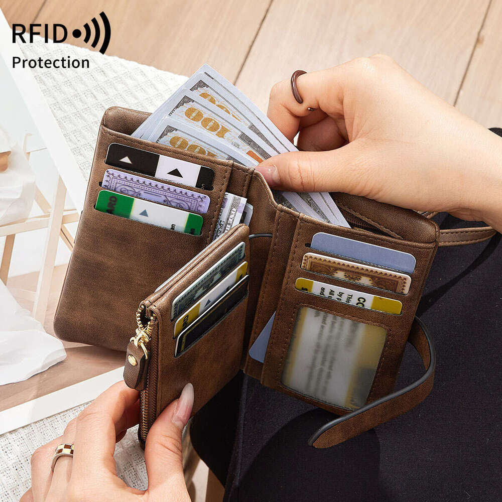 New RFID Women's Wallet Soft Leather Solid Color 70% off Short Fashion Zipper Buckle Coin Purse