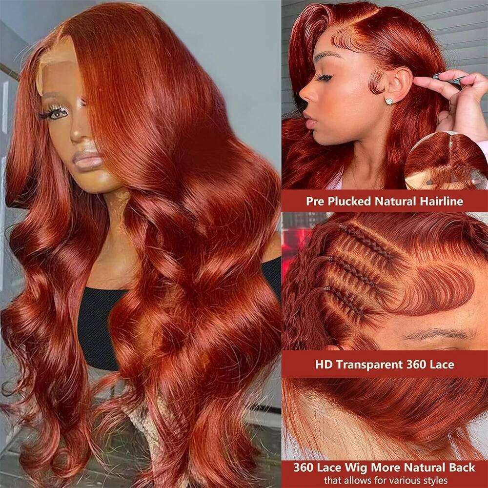 Hidden Strap Body Wave 360 Glueless Reddish Brown Pre Bleached Human Hair With Drawstring Full Lace Front Wig