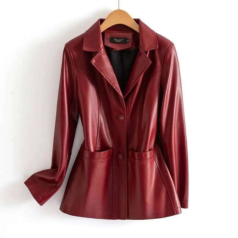 2023 Spring Autumn Sheepskin Jacket Women Suit Coat Slim Single-breasted Casual Tops Lady Small Outerwear Leather Blazer Coats