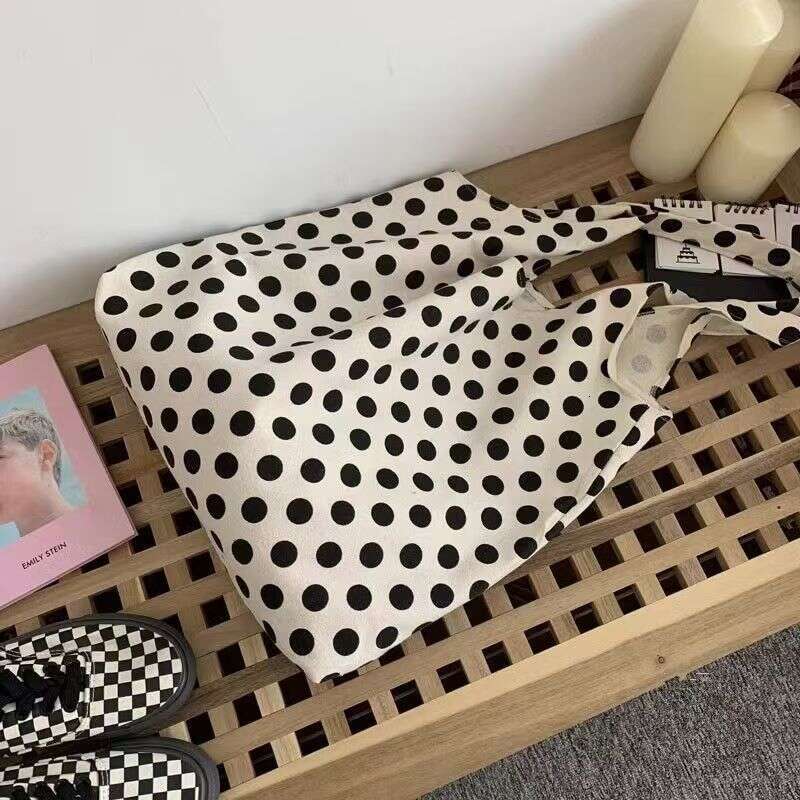 Polka Lazy Style Women's Handbag DIY Artistic Eco-friendly Shopping Large Capacity Round Dot Canvas Bag