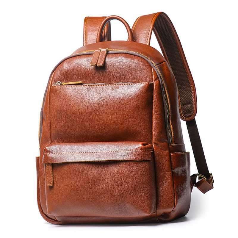 Vintage Men and Ladies Outdoor Travel Backpack School Book Cowhide Backpack Brown Zipper 14 Inch Computer Notebook Bag W250603