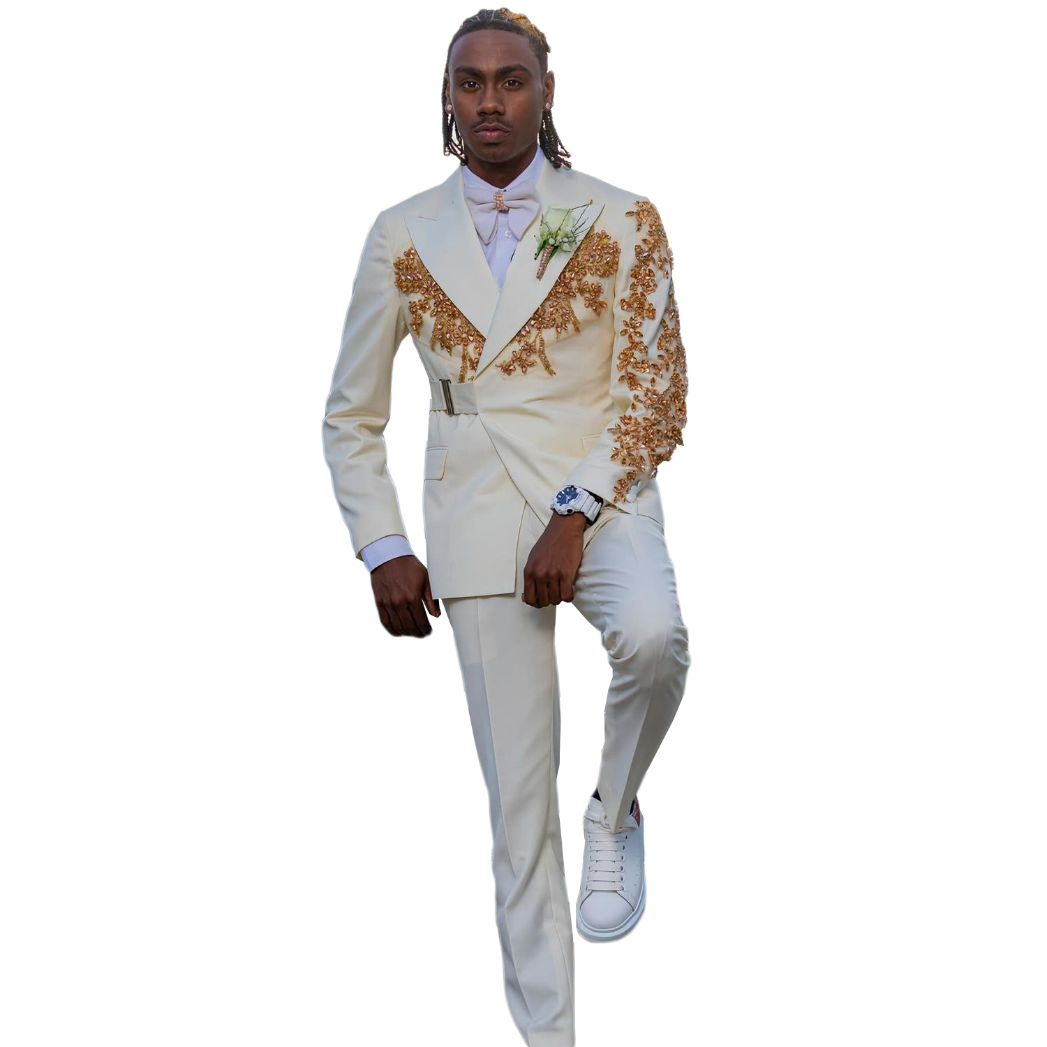 Modern Man Suits Crystals Appliques Fit Slim Beaded Peaked Lapel 2 Pieces Set Evening Party Prom Blazer Customized With Belt Jacket+Pants Plus Size