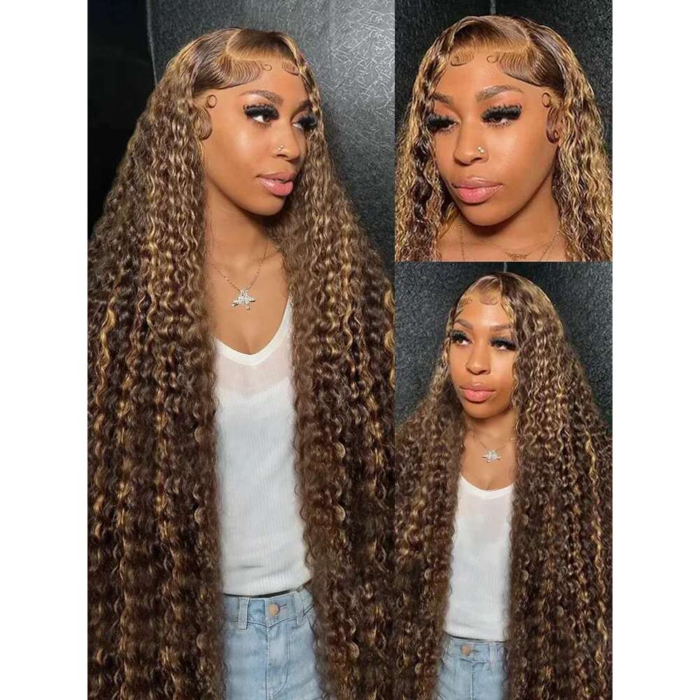 230 Density 4/27 Highlight Ombre Deep HD Front Wigs Curly 30 40 Inch Brown 13x6 Lace Frontal Human Hair Wig Water Wave