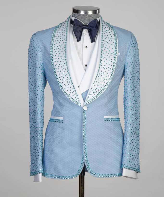 Customized Beaded Wedding Tuxedos Crystal 2 Piece Set Jacket One Button Luxury Men Suit Shawl Lapel Groom Wear Party Suits Customized Para Hombre Form