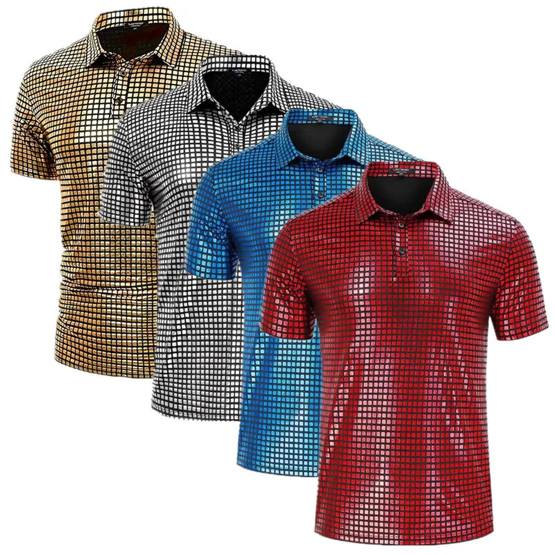 Fashion Men Short Sleeved Checkered Breathable Polo Shirt Red Blue Gold Homme High Street Casual Small Stretch Pullover Tops 250604Z