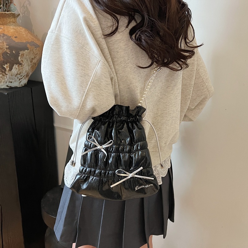 designer Trendy Fashion Bowknot Pleated Large Capacity Bucket Bag 2025 New Beaded Bright Color Travel Shoulder Crossbody Bag