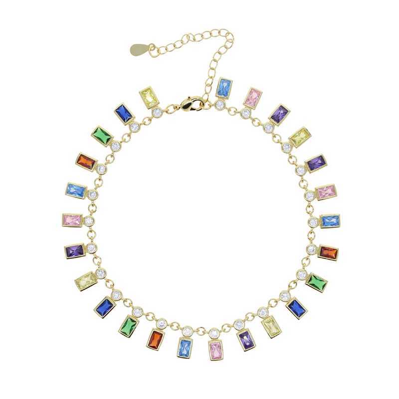 2022 New Gold Plated Green Rainbow rectangle Cubic Zirconia Charm Geometric CZ Tennis Chain Summer Beach Anklet For Women W250604