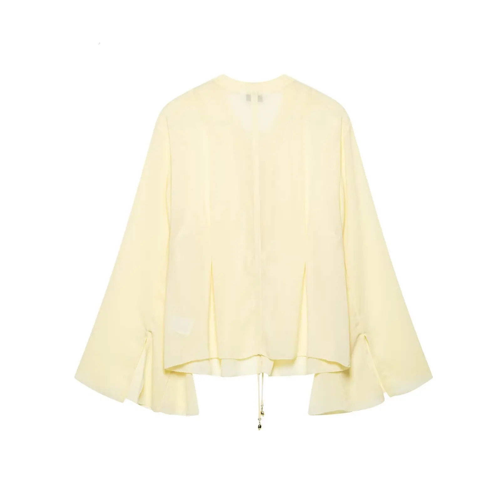 Elegant Chiffon Lace Up Shirt Women Yellow Long Sleeve O-neck Loose Female Blouse Fashion Summer Solid Holiday Top 250603 - view 6