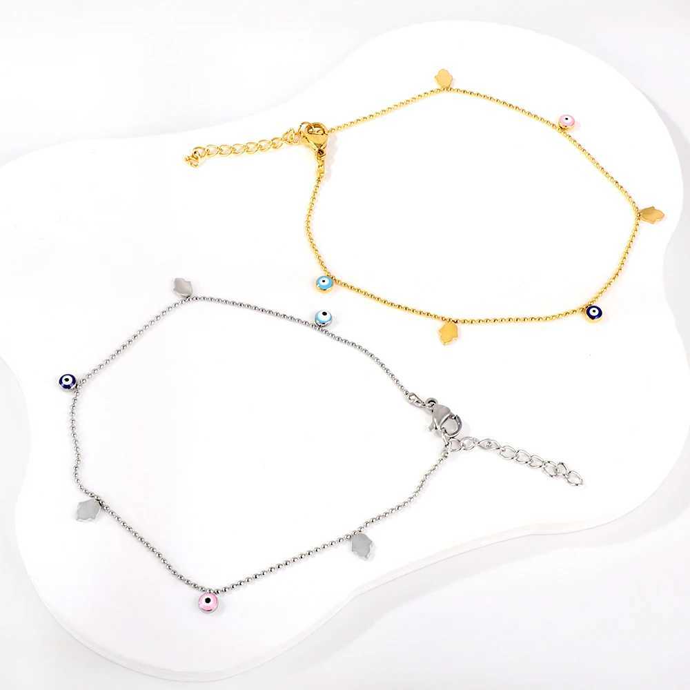 LUXUSTEEL Boho Enamel Colorful Evil Eye Hand Anklets For Women Stainless Steel Beads Link Leg Chain Summer Jewelry Waterproof W250604