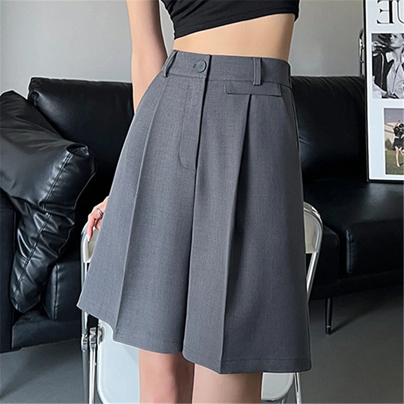Seoulish Summer Womens Suit Shorts Elegant Wide Leg High Waist Solid Pockets Minimalism Loose Short Trousers Female 250603