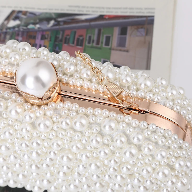 Fashion Elegant Women White Beige Special Crystals Beaded Pearl Evening Clutch Bags Wedding Party Handbag 250528