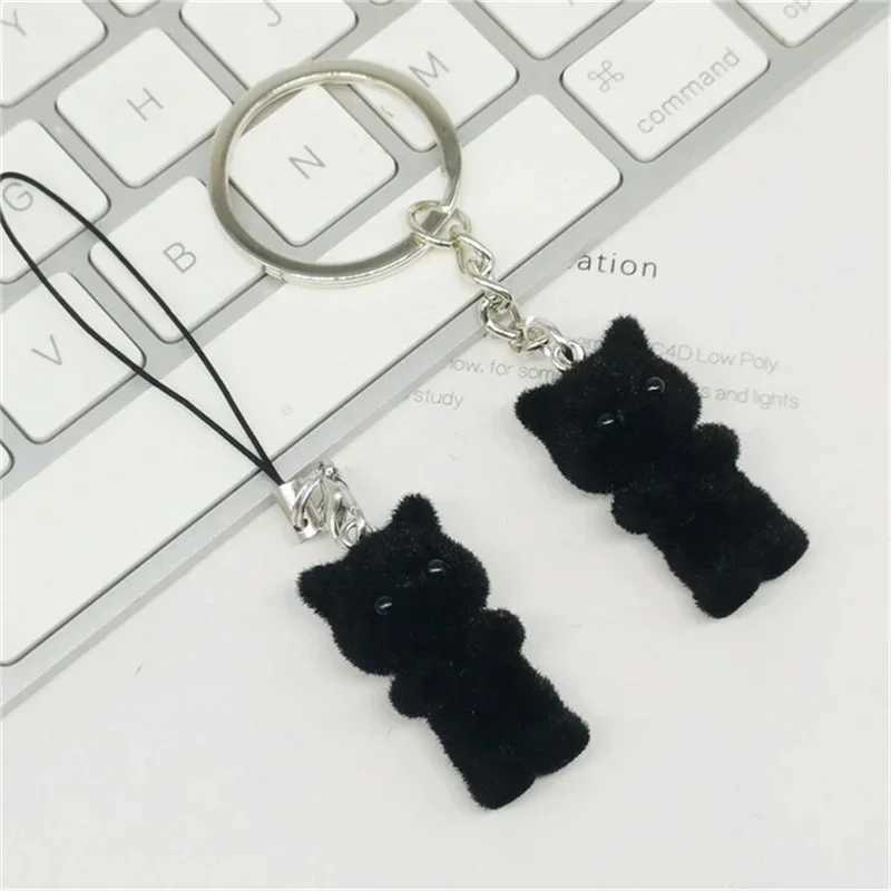 Cute 3D Flocking Black Kitten Keychain Little Cat Couple Mobile Phone Pendant Car Keyring Earphone Backpack Charms Bag Decor W250604