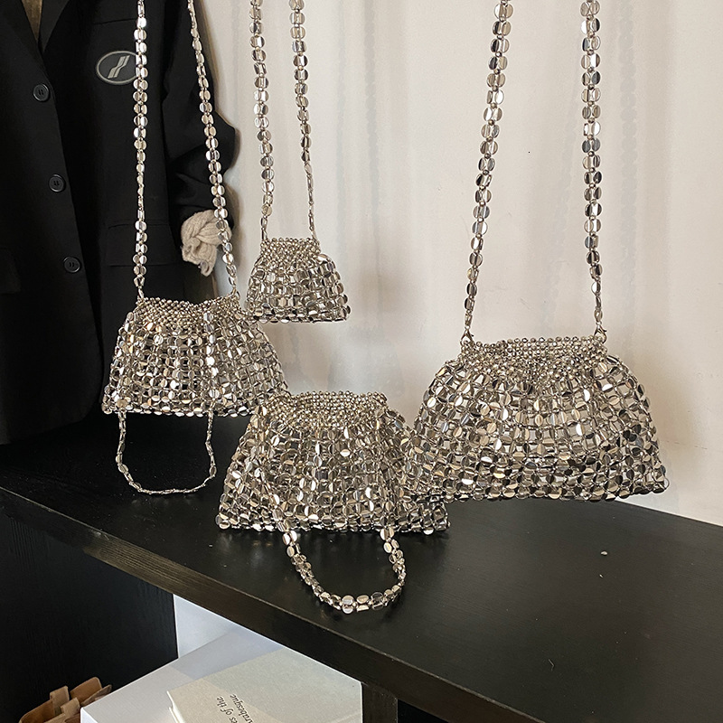 2025 New Fashion Metallic Silver Hollow Out Single Shoulder Crossbody Bag Beaded Woven Stylish Underarm Parent-Child Bagy6