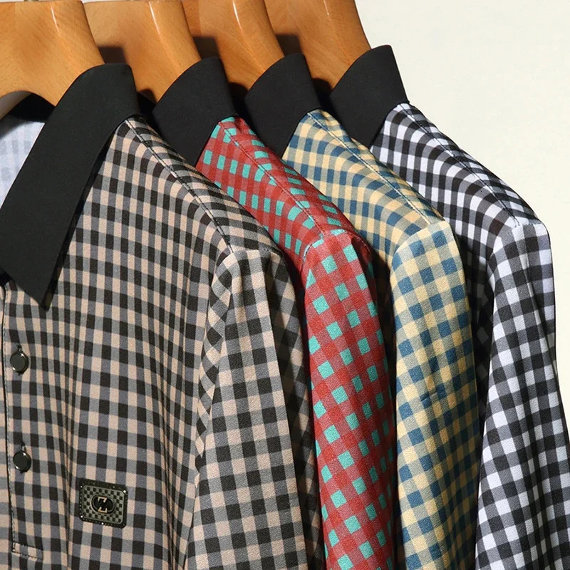 Mens Plaid Badge Short Sleeve POLO Shirt Casual Summer Top Arrivals 250604Z