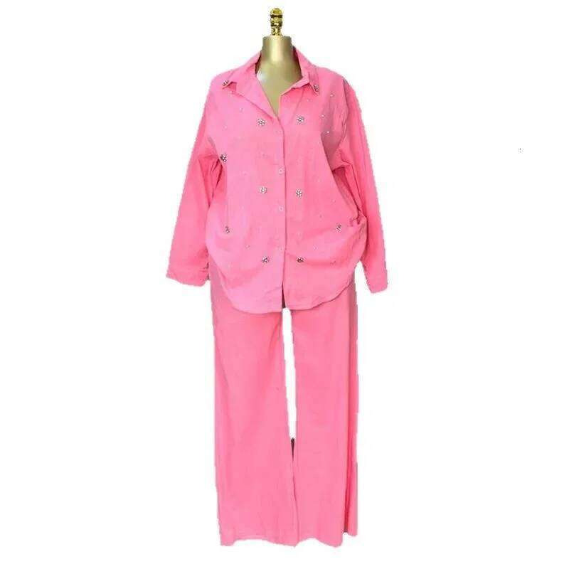 Sweet Fresh Summer Women's Fashion Pearl Embellished Long Sleeve High Waist Straight Leg Pants Two Piece Set Polyester Fiber