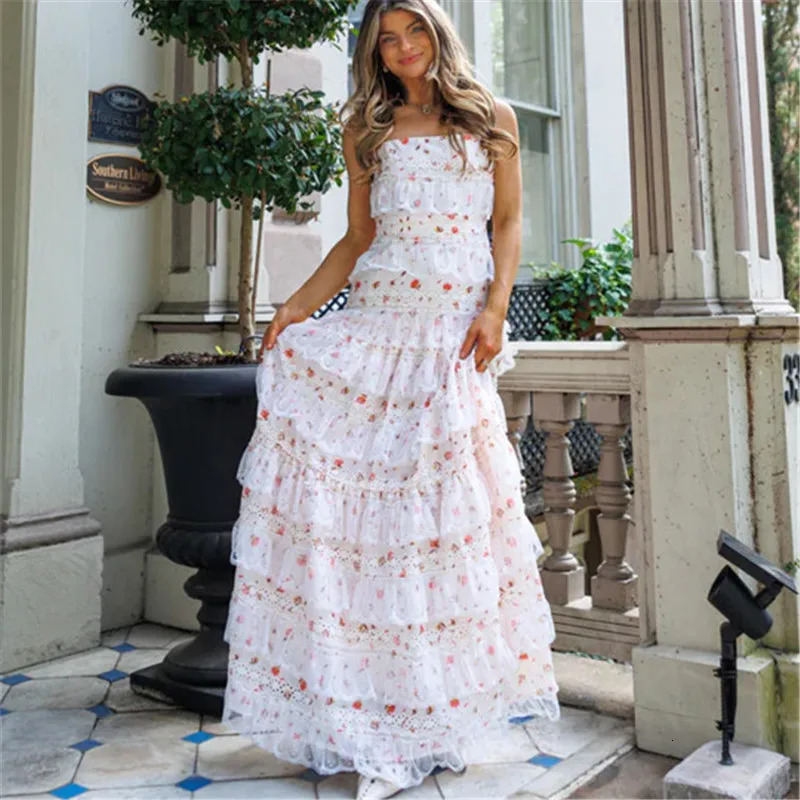 Women Boho Floral Smocked Maxi Dress Y2k Patchwork Lace Layered Long Beach Dress Casual Flowy Summer Sundress 250604