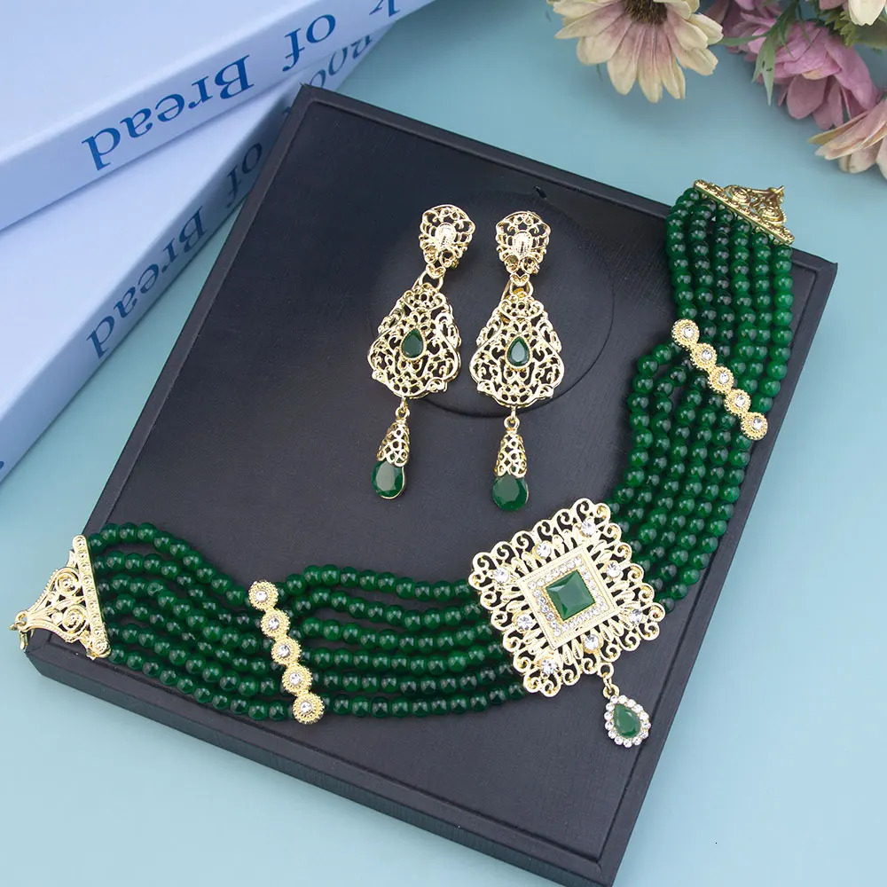 Sunspicems Gold Color Moroccan Beads Chain Choker Necklace Long Drop Earring For Women Arabic Bridal Jewelry Set Square Pendant 250530