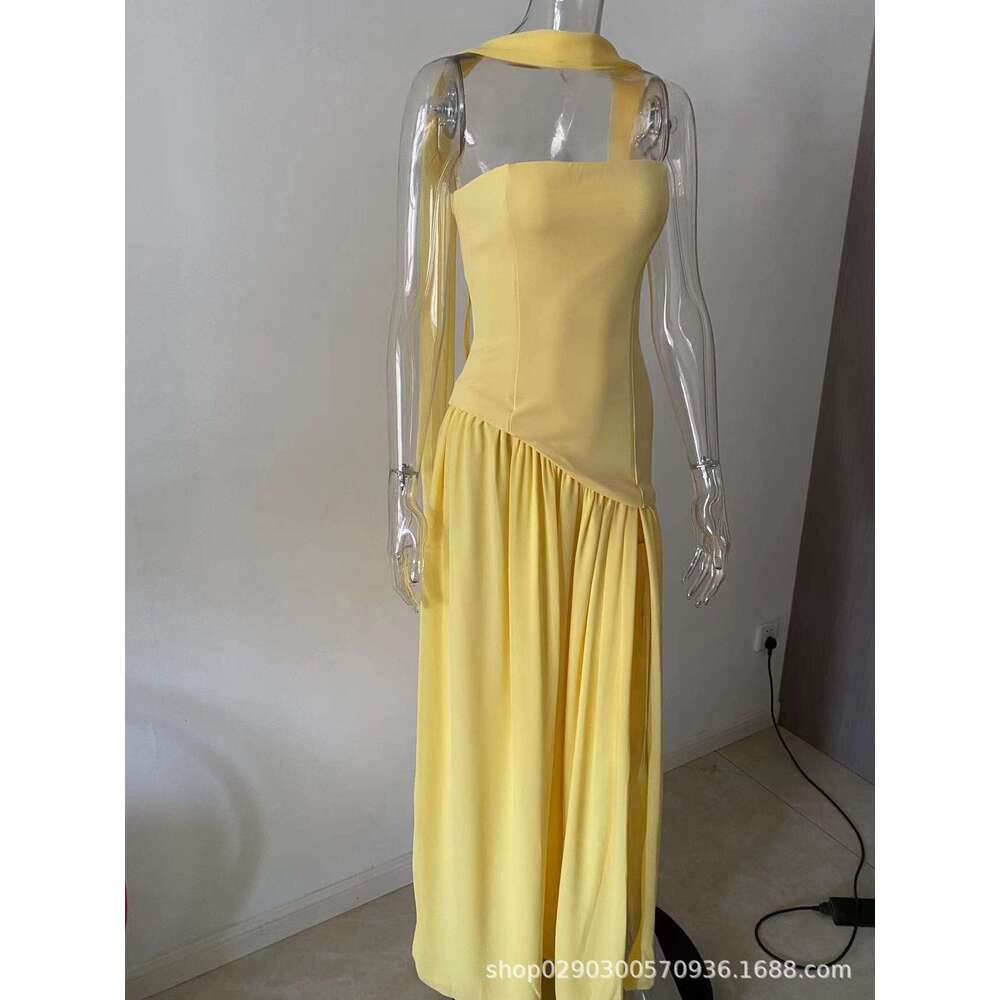 Design Sense Hot Style European and American Source Age-Reducing Mature Sister Color-Block High-End Strapless Split Temperament Zipper Tie Dress 2025 