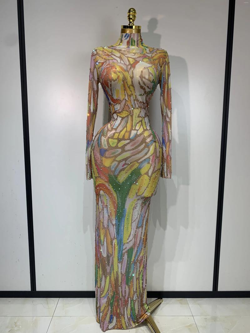 Casual Dresses Sparkly Rhinestone Stretchy Mesh See Through Jumpsuit Women Performance Dancer Costume Rompers Party Nightclub Stage Outfit