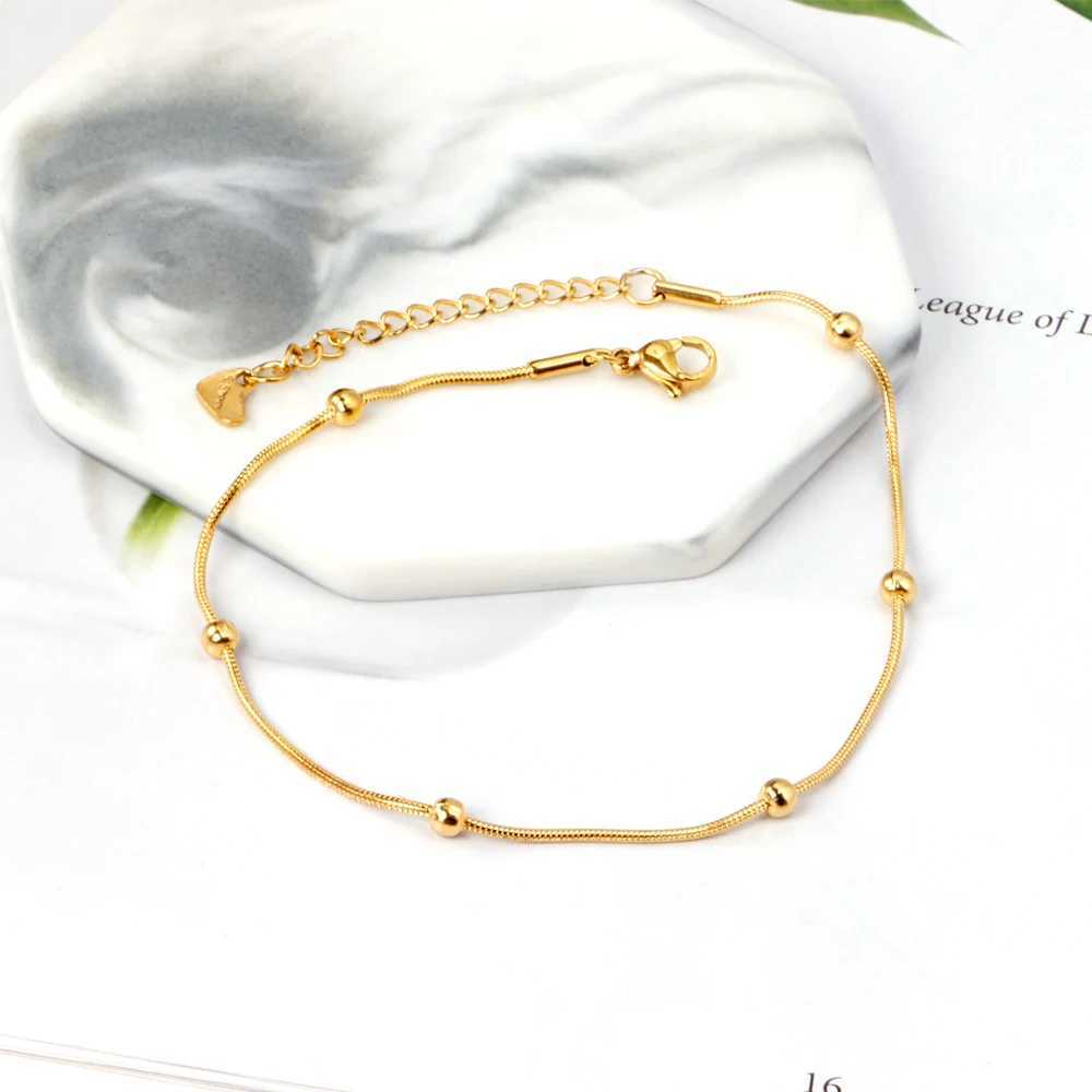 LUXUSTEEL Vintage Ball Beads Charm Snake Chain Anklets Foot Bracelets Women Golden Plated Stainless Steel Summer Beach Jewelry W250604