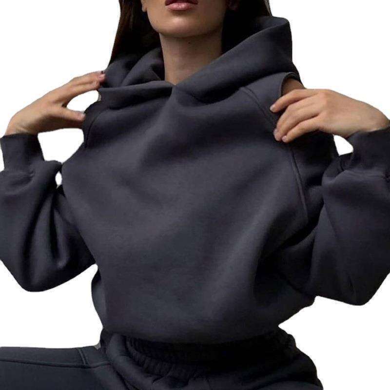 Women's Fashion New Two-Piece Solid Color Hooded Short Sweatshirt With Jogger Pants Set B5