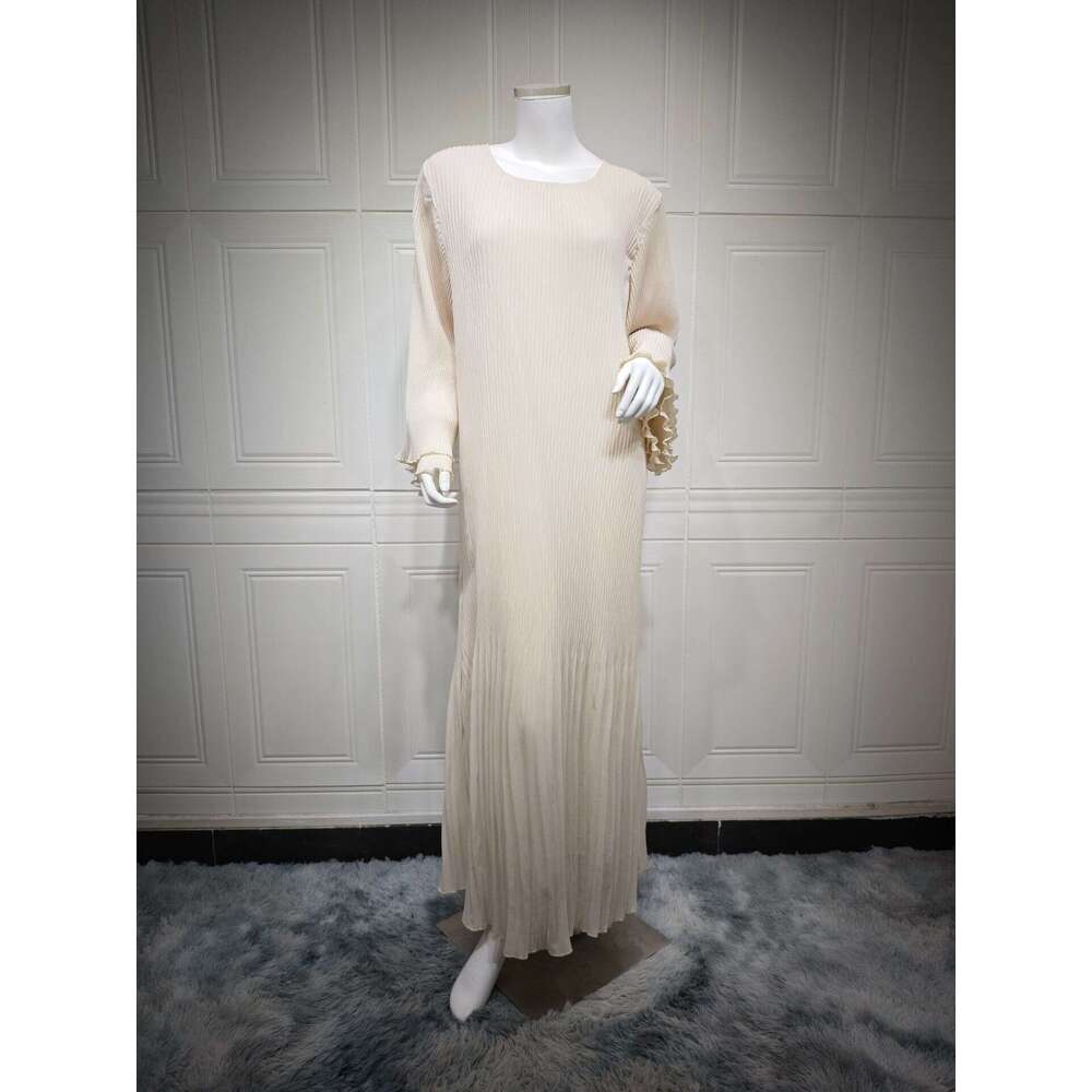 Mq155 Muslim Dubai Pullover Abaya Chiffon Pleated Dress Solid Color Women's Clothing B5