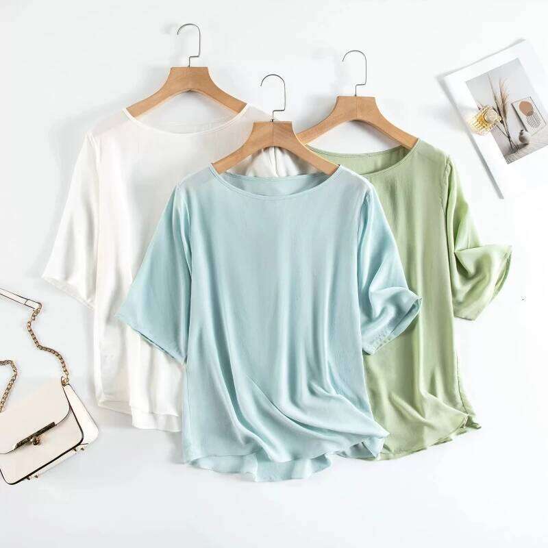 Summer Plus Size Women's T-Shirt 100% Mulberry Silk Crepe De Chine Top Loose-Fitting Lightweight Thin Special Offer