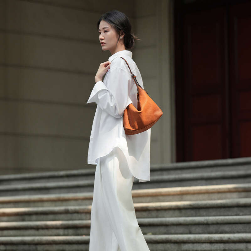 Women's Bags Designer Qiu Zhen Top Layer Vegetable Tanned Underarm Hobo Genuine Leather Casual Versatile Single Shoulder Commuter Dumpling Bag Fo