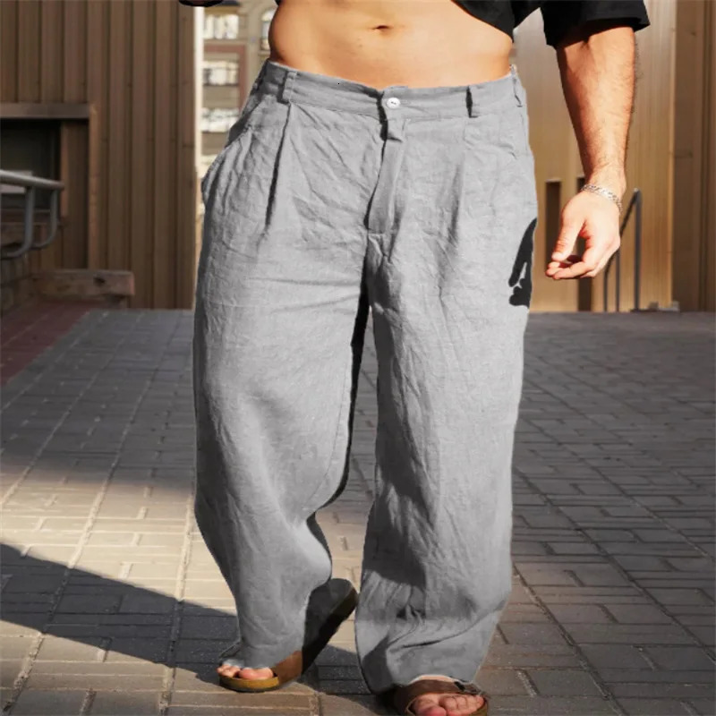 mens linen pleated wide-leg pants for spring and summer with a mid-rise waist breathable jogger pants. streetwear men 250604
