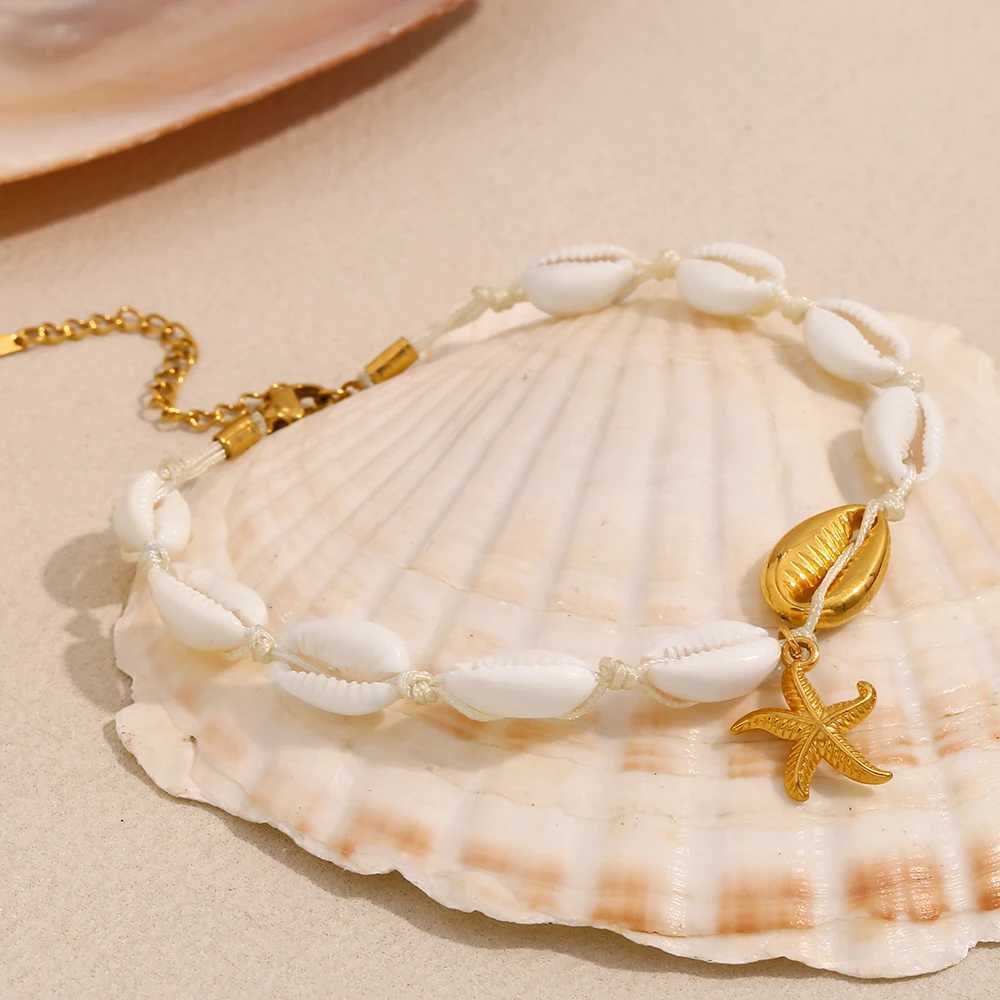 E.B.belle 18K Gold Plated Summer Beach White Shell Starfish Anklet Chain Stainless Steel Hypoallergenic Women Foot Jewelry W250604