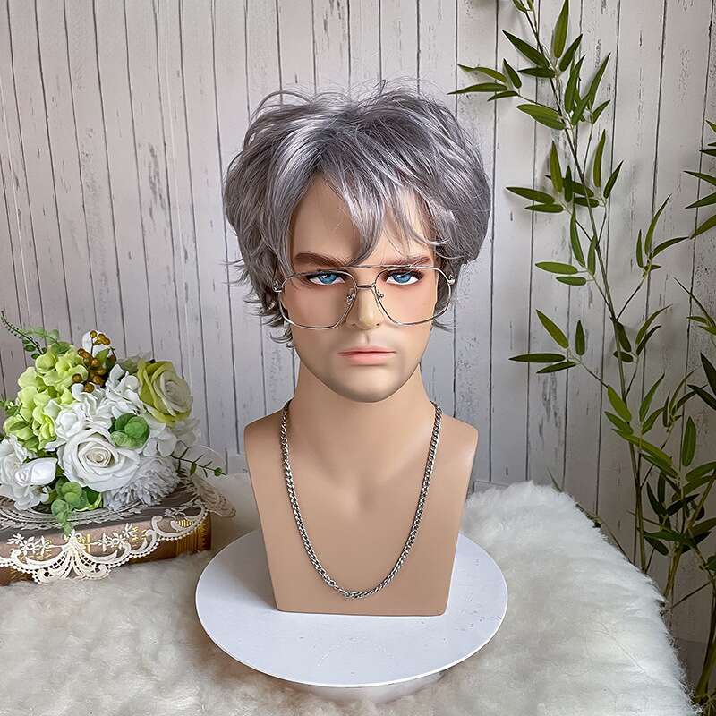 Fashion Men's Short Curly Hair Sier Gray Gradient Synthetic Fiber High-Temperature Wig Cap