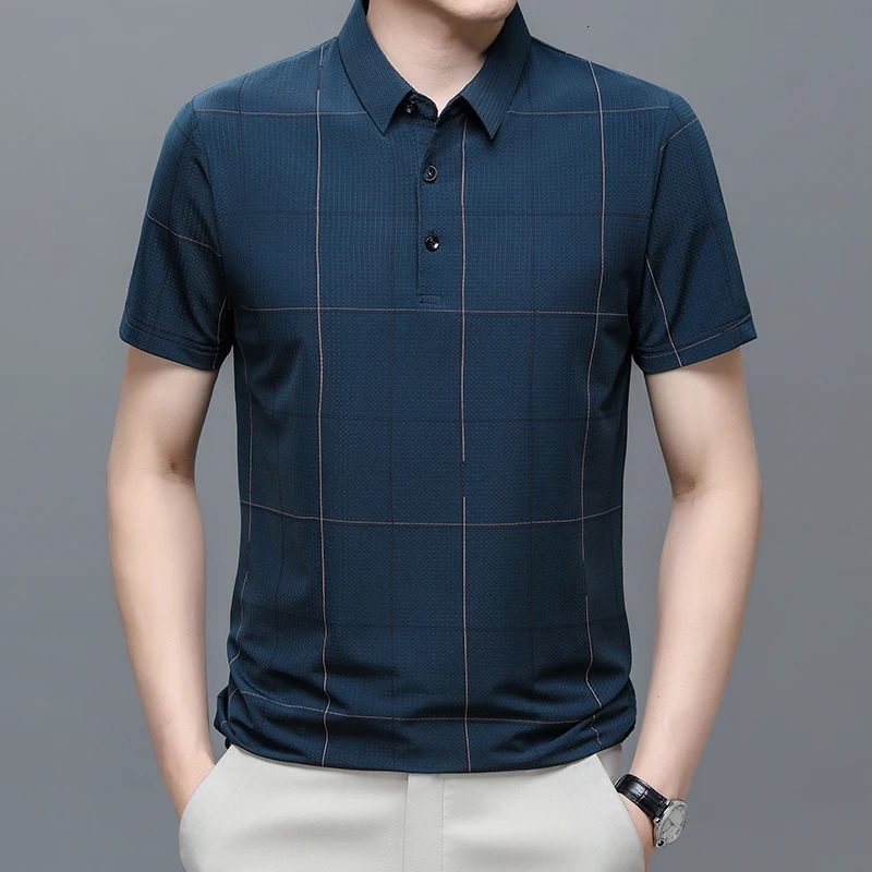 Plaid High Elastic Breathable Mens Polo Shirts Short Sleeve Silky Summer Quality Soft Comfortable Casual Lapel Camisas De Hombre 250604Z