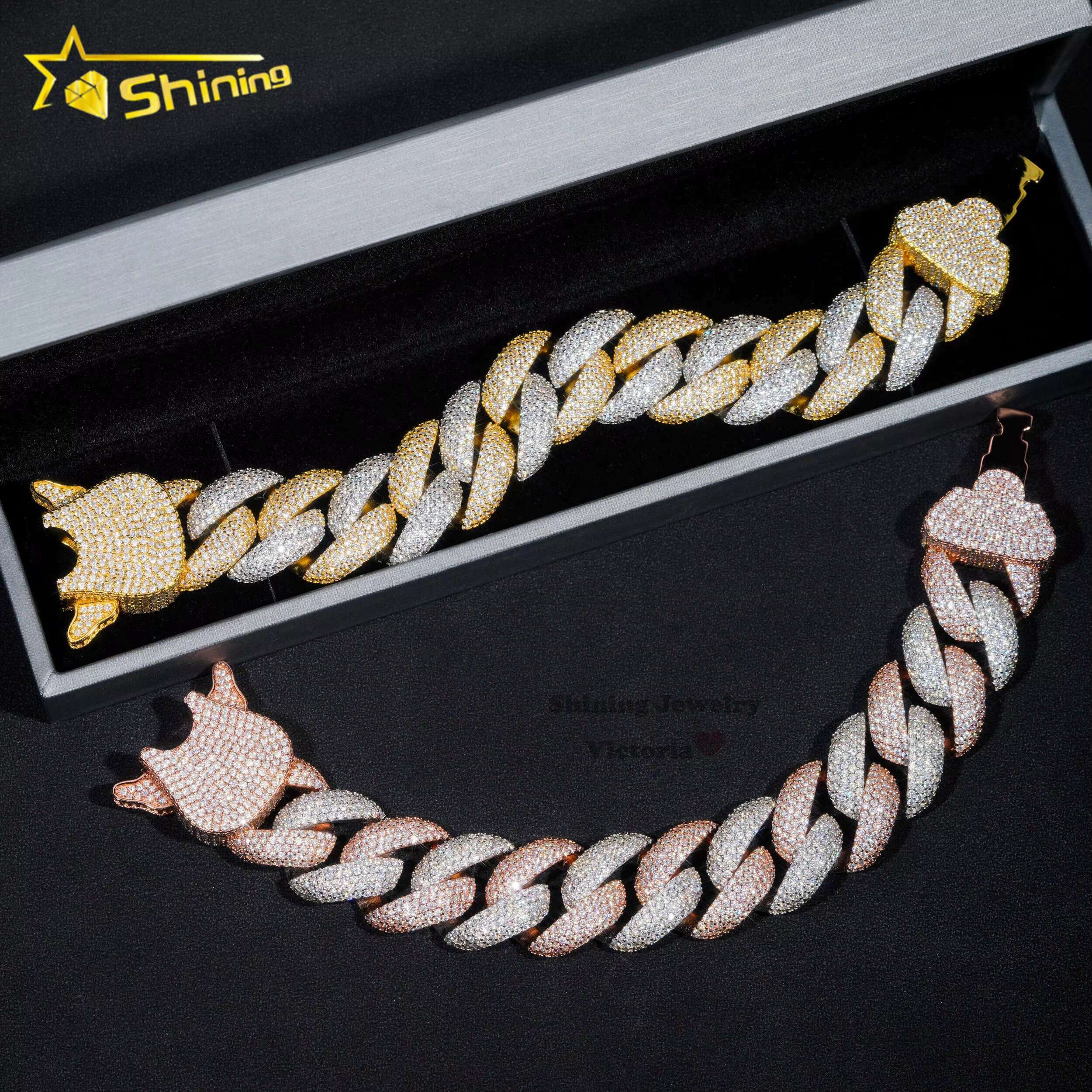 New Arrival Men Hip Hop Jewelry 23MM Special Clasp Solid Silver 925 Two Tone Custom VVS Moissanite Diamond Cuban Link Bracelet