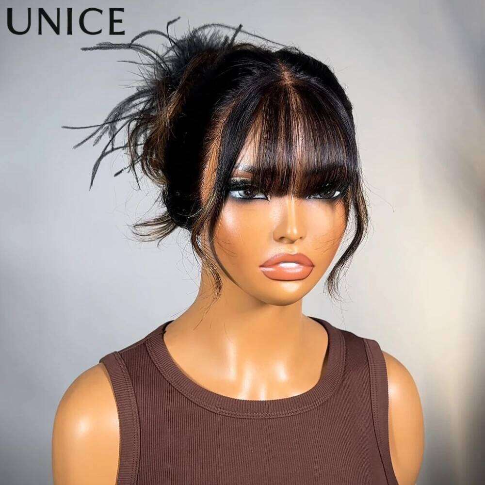 UNice Balayage Highlights Fluffy Loose Wave Curtain Bangs With Drawstring Glueless 7x5 13x4 Human Hair Lace Frontal Wig