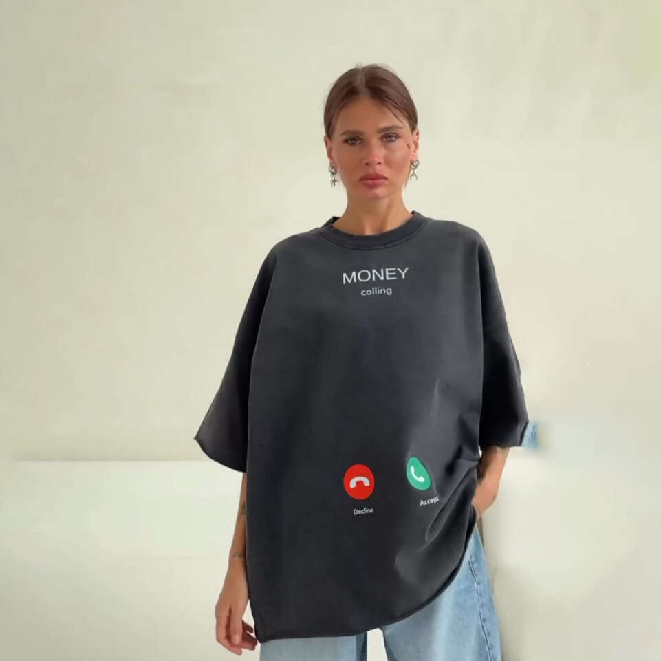 Boyfriend Style Oversized Drop Shoulder Round Neck Pullover Top Casual Versatile Simple Ins Print Short Sleeve T-Shirt Women's Clothing B5