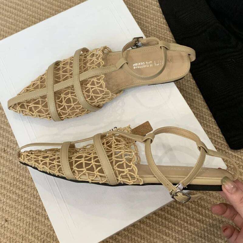 Mesh Hollow Comfort Flat Sandals Women Sexy Pointed Toe Naked Strap Summer Designer Shoe Party Elegant Dress Heels Ladies