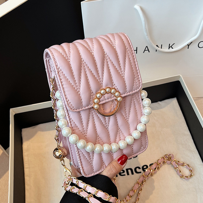 Free Shipping Mini Phone Bag Shoulder Bag Women's New Trendy Summer Versatile Pearl Chain Crossbody Bag Fashion Mesh Handbag