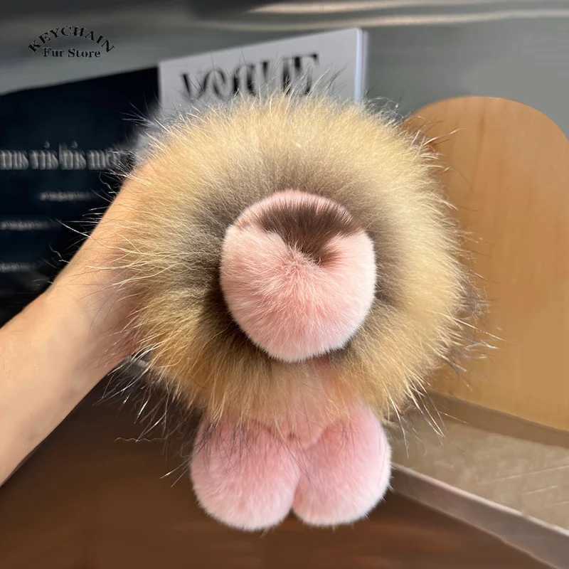Cute Lion Real Rex Rabbit Fur Keychain Plush Toys Trinkets Women Bag Ornaments Pendant Car Keyring Rearview Mirror Decoration W250604