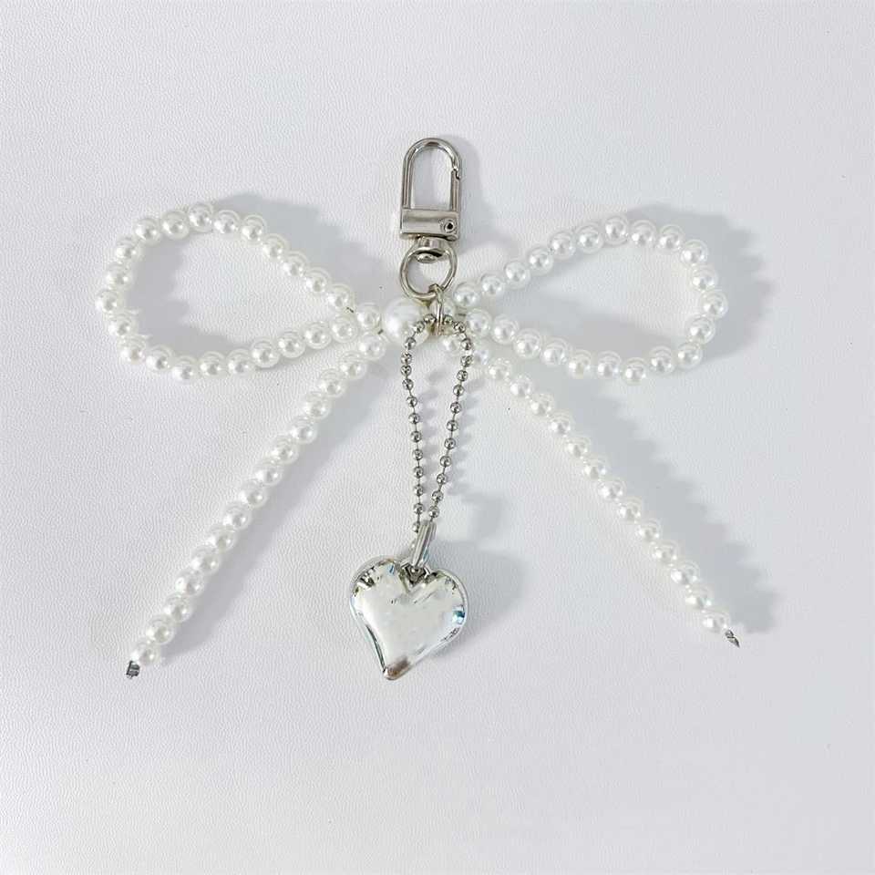 Bowknot Heart Bag Pendant Keychain Beaded Keyring White Pearl Bow Keychain Decoration For Bags Phones Car Korean Accessories W250604