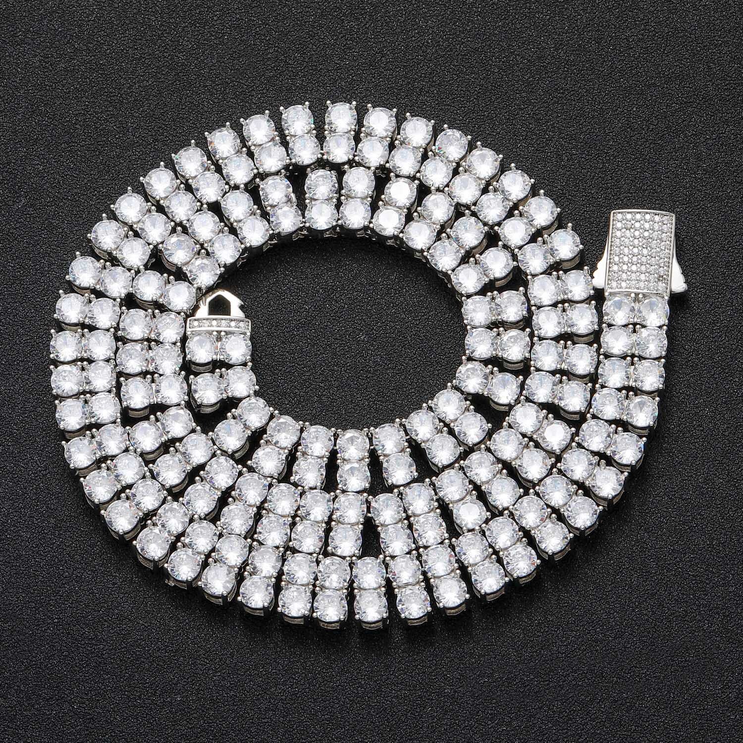 INS Fashion Brand Hip Hop Necklace Mens 5mm Double Row Full Diamond Moissanite Necklace Hip Hop Spring Buckle Collar Chain Mens Tennis Chain