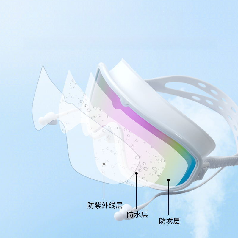 Large Frame Swim HD Waterproof Anti-Fog Unisex Swimming Glasses with Integrated Earplugs Silicone Colorful Diving Goggles